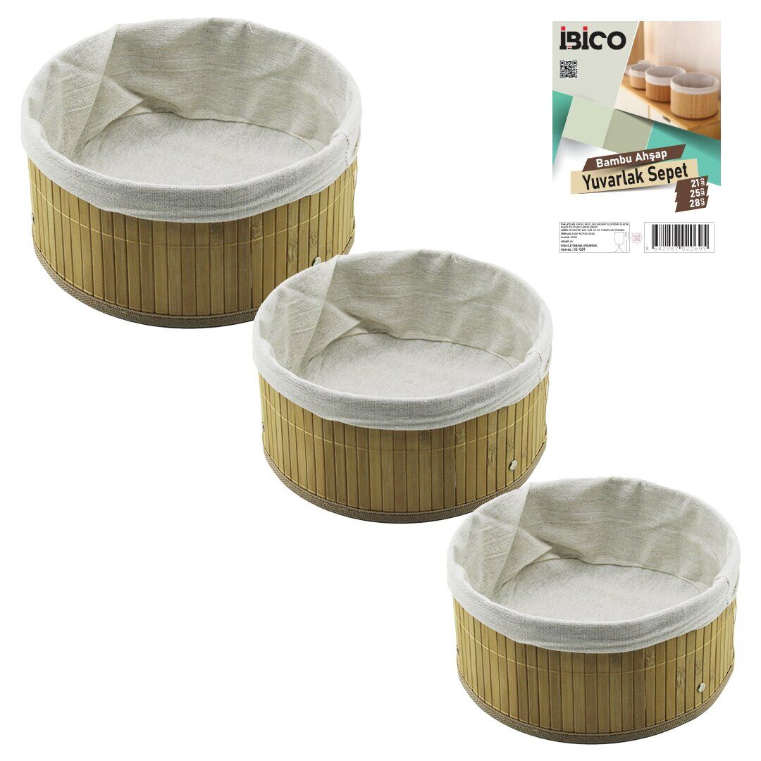 İBİCO İ12-069 ( 3 BOY ) ( YUVARLAK ) ( BAMBU KENAR ) ORGANİZER SEPET ( AHŞAP ALTLIK & BEZLİ ) ( 21X25X28CM )*24
