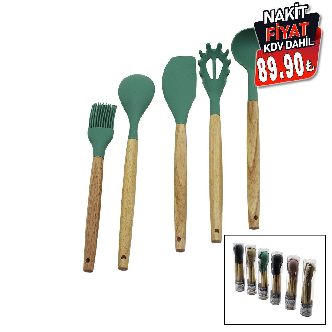 PABLITO PBT-513 (5PCS) (24.5-30CM) (R.SİLİKON) MUTFAK SERVİS SETİ (AHŞAP BAMBU SAP)(KAŞIK & KEPÇE & SPATULA & Y.FIRÇASI & S.KAŞIK)*24X2                     qwe3