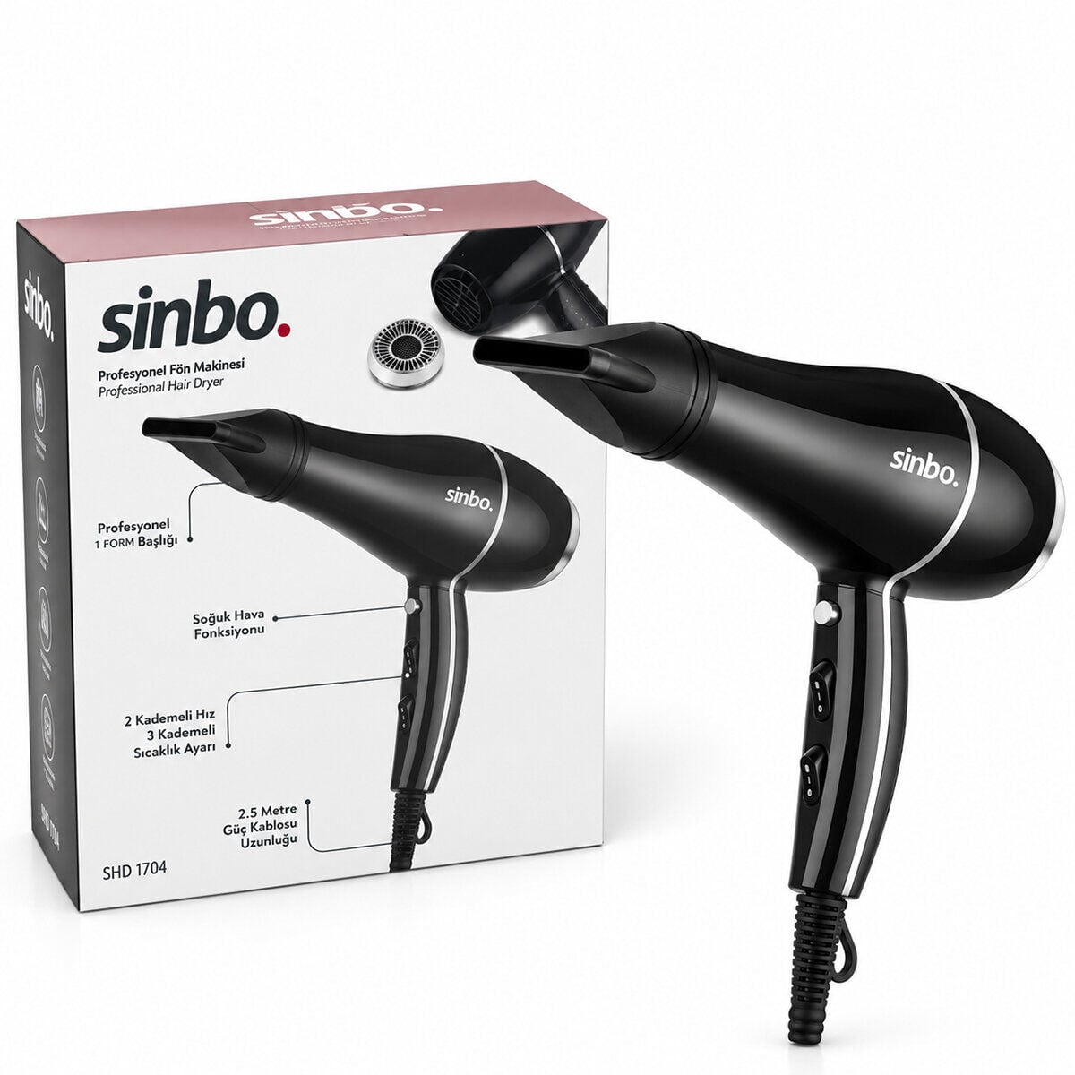SİNBO SHD-1704 ( SİYAH ) ( FORM BAŞLIK ) SAÇ KURUTMA MAKİNESİ ( 2.5 METRE GÜÇ KABLOSU ) ( 2 KADEMELİ HIZ AYAR & 3 KADEME SICAKLIK AYAR )*8