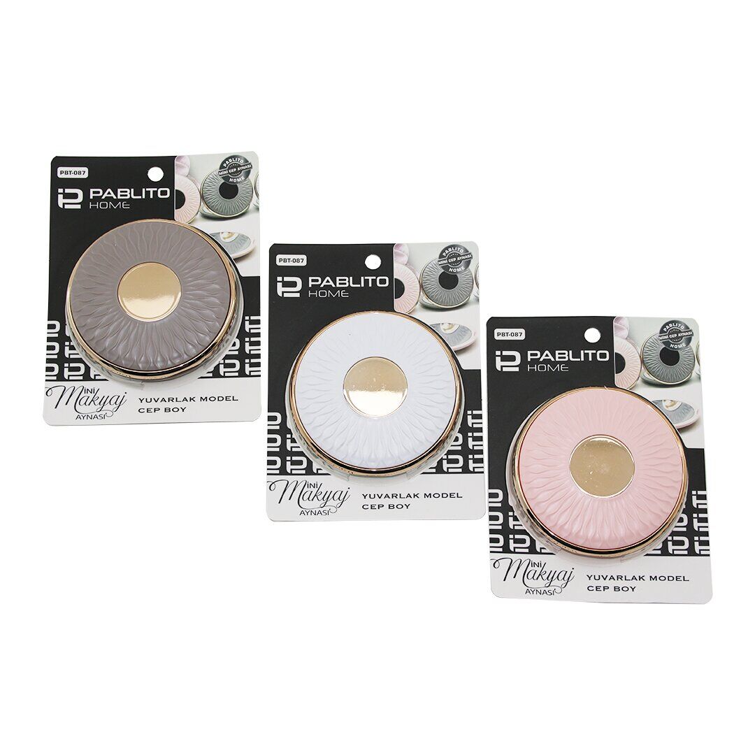 PABLITO HOME PBT-087 (YUVARLAK) (3''- 9X9CM) (CEP & ÇANTA) MİNİ MAKYAJ AYNASI (BRONZ KAPAK KENARI-GÖBEK & RENKLİ PLS.)*24X10