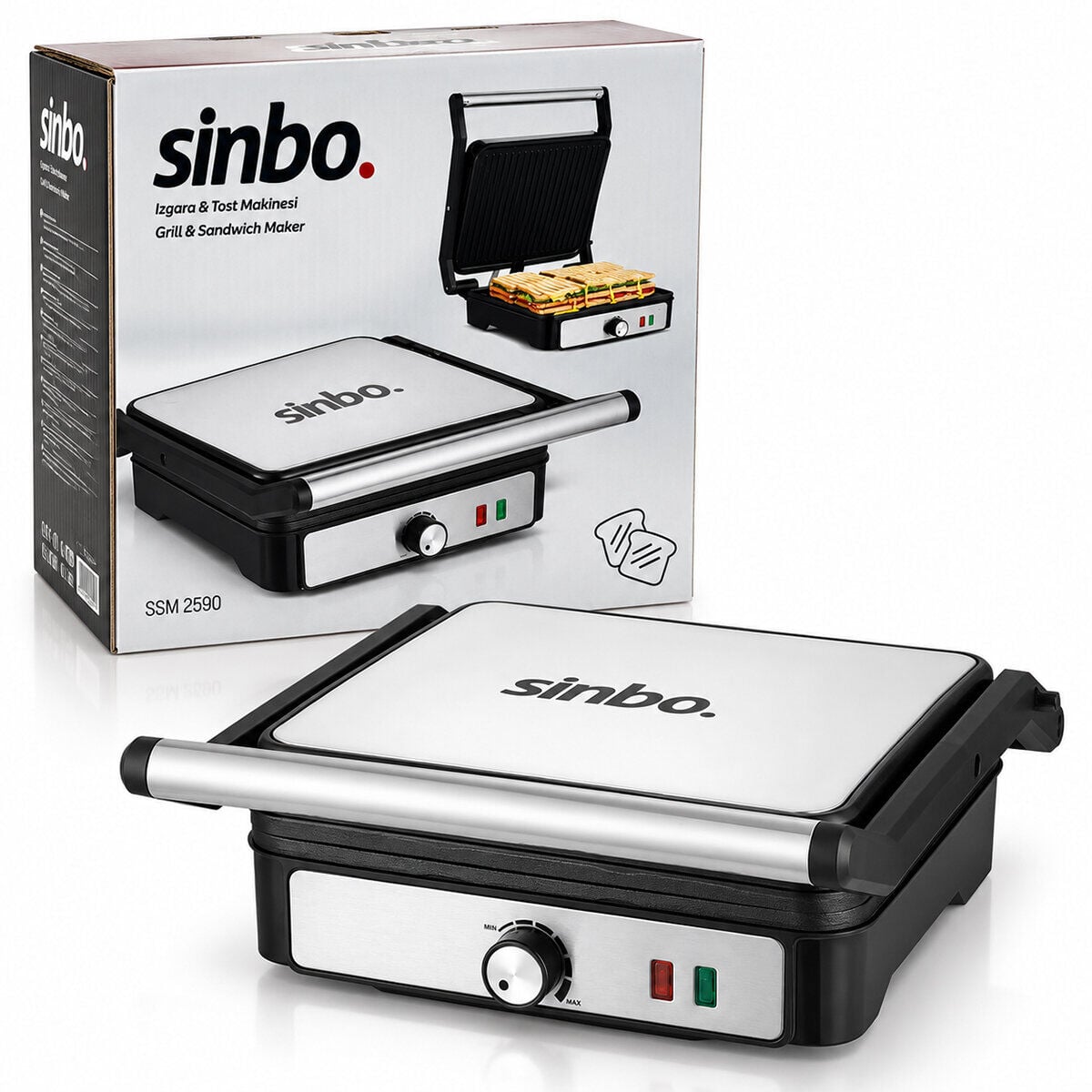 SİNBO SSM-2590 ( GRİ ) IZGARA VE TOST MAKİNESİ ( AYARLANABİLİR ISI ) ( 180° AÇILABİLİR ÜST GÖVDE )*2