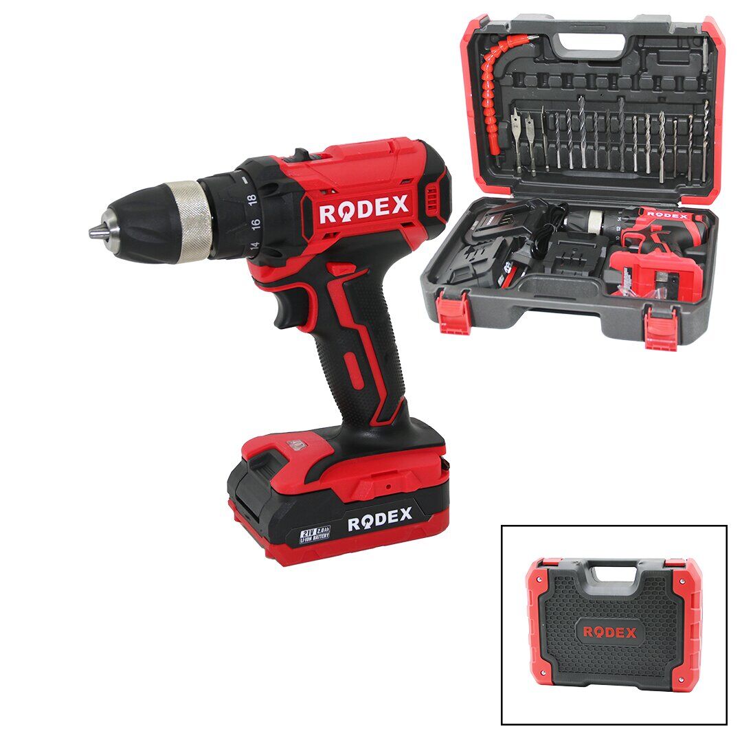 RODEX RDX-3375A (2 KADEME HIZ & VİTES) (ŞARJLI=ÇİFT BATARYA) (17PCS UÇLU) MATKAP (0-350 / 0-1350 RPM) (21V/2.0A LI-ION)*5