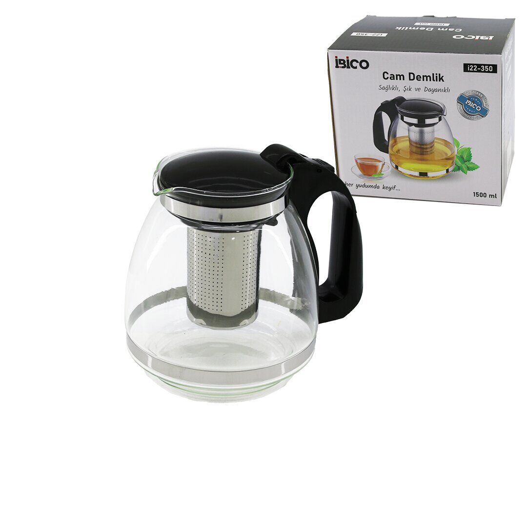 İBİCO İ22-350 ( 1500ML ) ( CAM ) DEMLİK ( ÇELİK SÜZGEÇLİ & PLASTİK KULP & KAPAK & KROM ÇERÇEVE )*48
