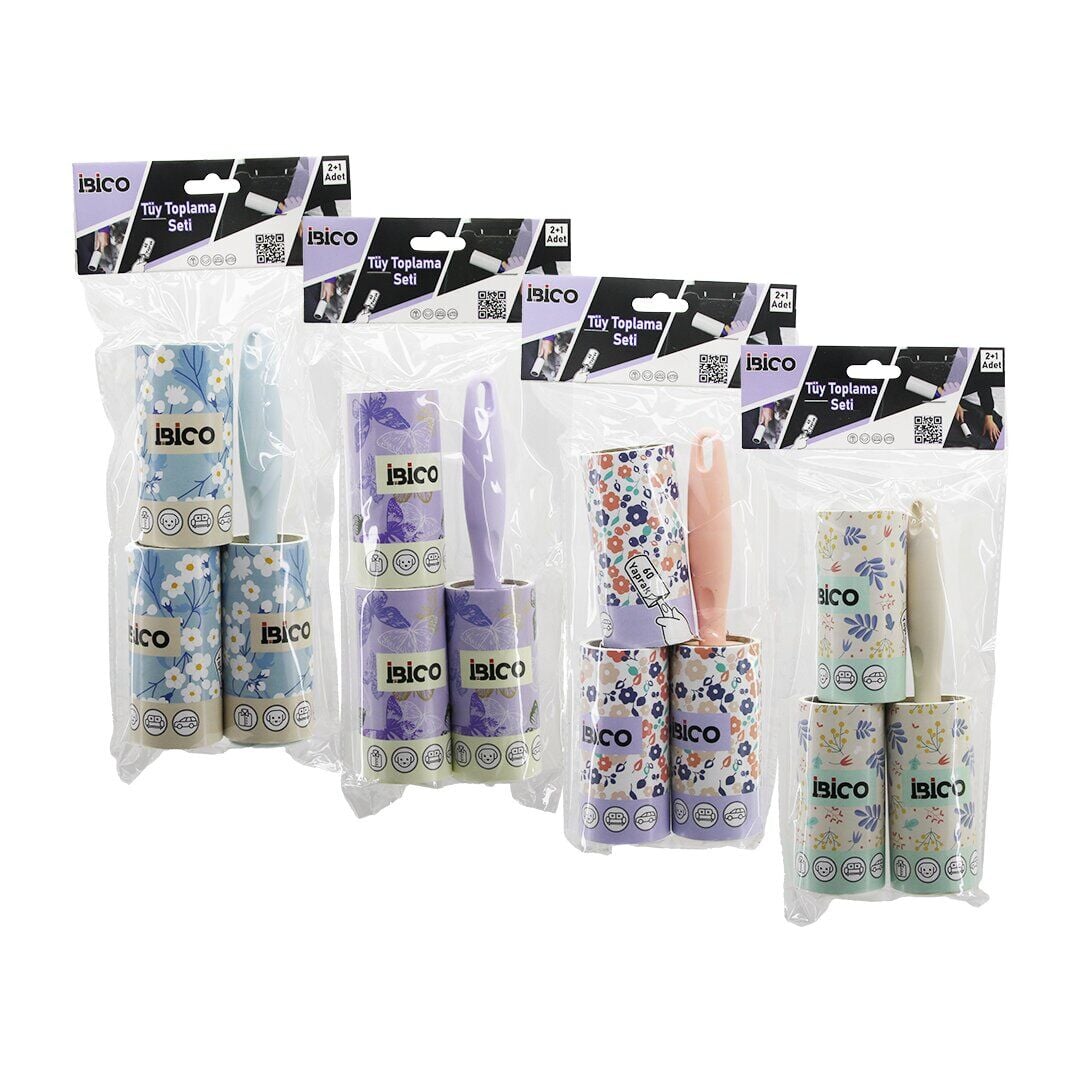 İBİCO İ21-047 (3PCS SET) (DÜZ SAP) (YAPIŞKANLI) PRATİK TÜY TOPLAYICI RULO BANT(1AD.SAPLI=60 YAPRAK+2AD.YEDEK=2X60) (PET SHOP)*12X8
