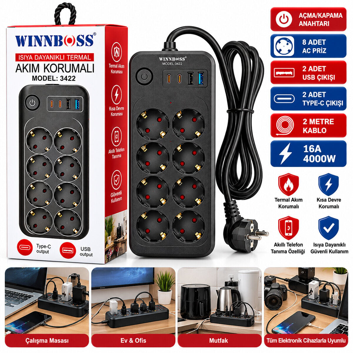 WINNBOSS-3422 TERMAL AKIM KORUMALI ( 8Lİ PRİZ ) ( 2X USB & 2 TYPE-C ) ( 2MT ) ( ANAHTARLI ) UZATMA KABLO SİYAH ( 16A & 2500W )*42