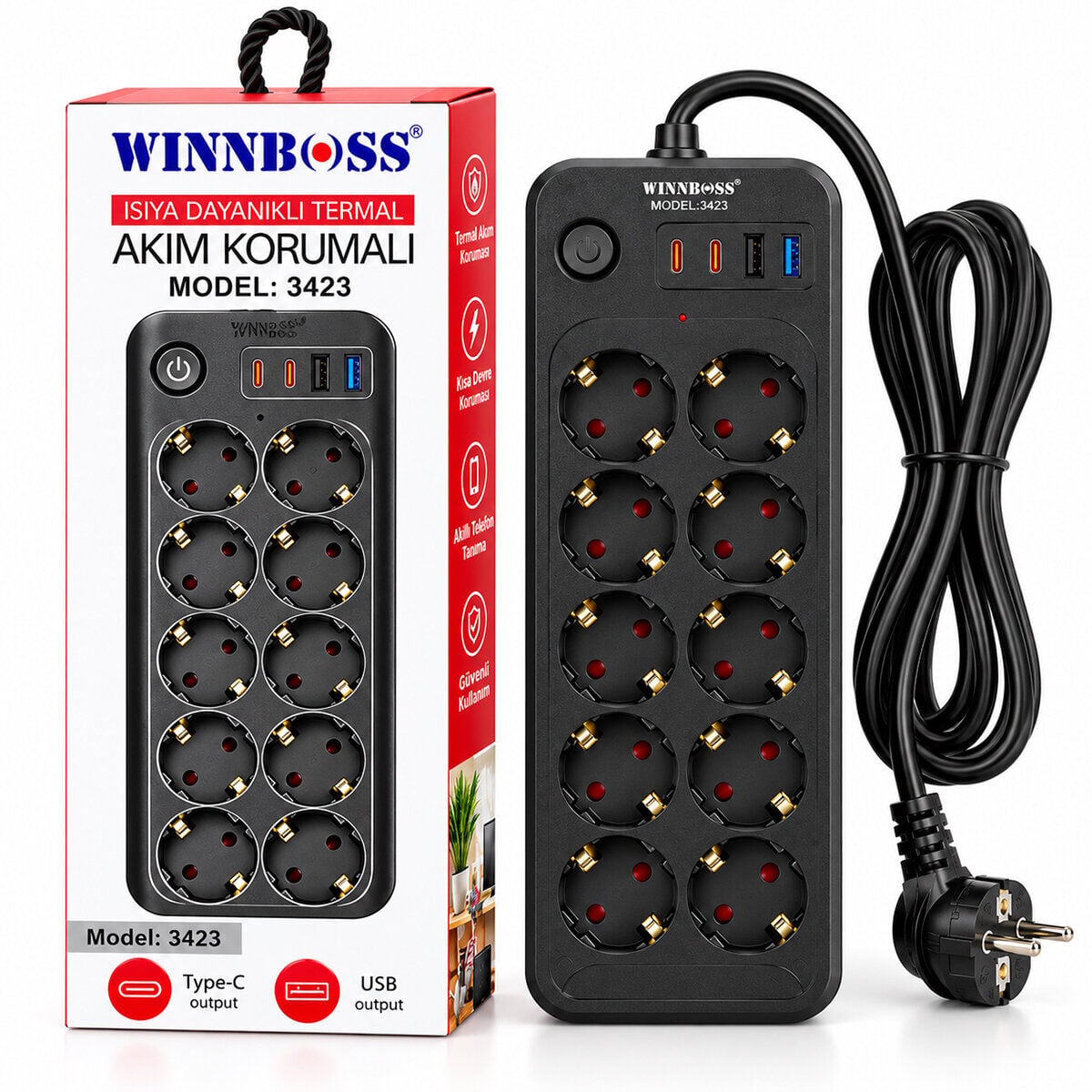 WINNBOSS-3423 TERMAL AKIM KORUMALI ( 10LU PRİZ ) ( 2X USB & 22 TYPE-C ) ( 2MT ) ( ANAHTARLI ) UZATMA KABLO SİYAH ( 16A & 2500W )*30