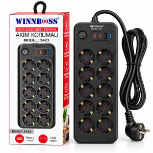 WINNBOSS-3423 TERMAL AKIM KORUMALI ( 10LU PRİZ ) ( 2X USB & 22 TYPE-C ) ( 2MT ) ( ANAHTARLI ) UZATMA KABLO SİYAH ( 16A & 2500W )*30