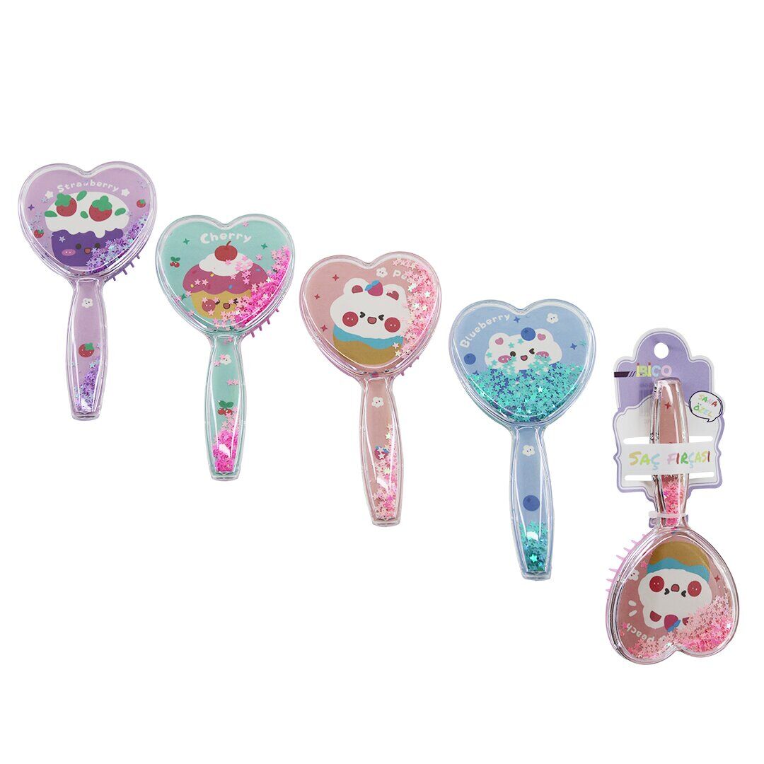 İBİCO İ15-049 (KALP MODEL & ŞEFFAF MİKA SAPLI) ÇOCUK SAÇ FIRÇASI=(SİLİKON) & TARAK (ŞEFFAF SAP=HAYVAN RESİM & RENKLİ YILDIZLAR)*12X20