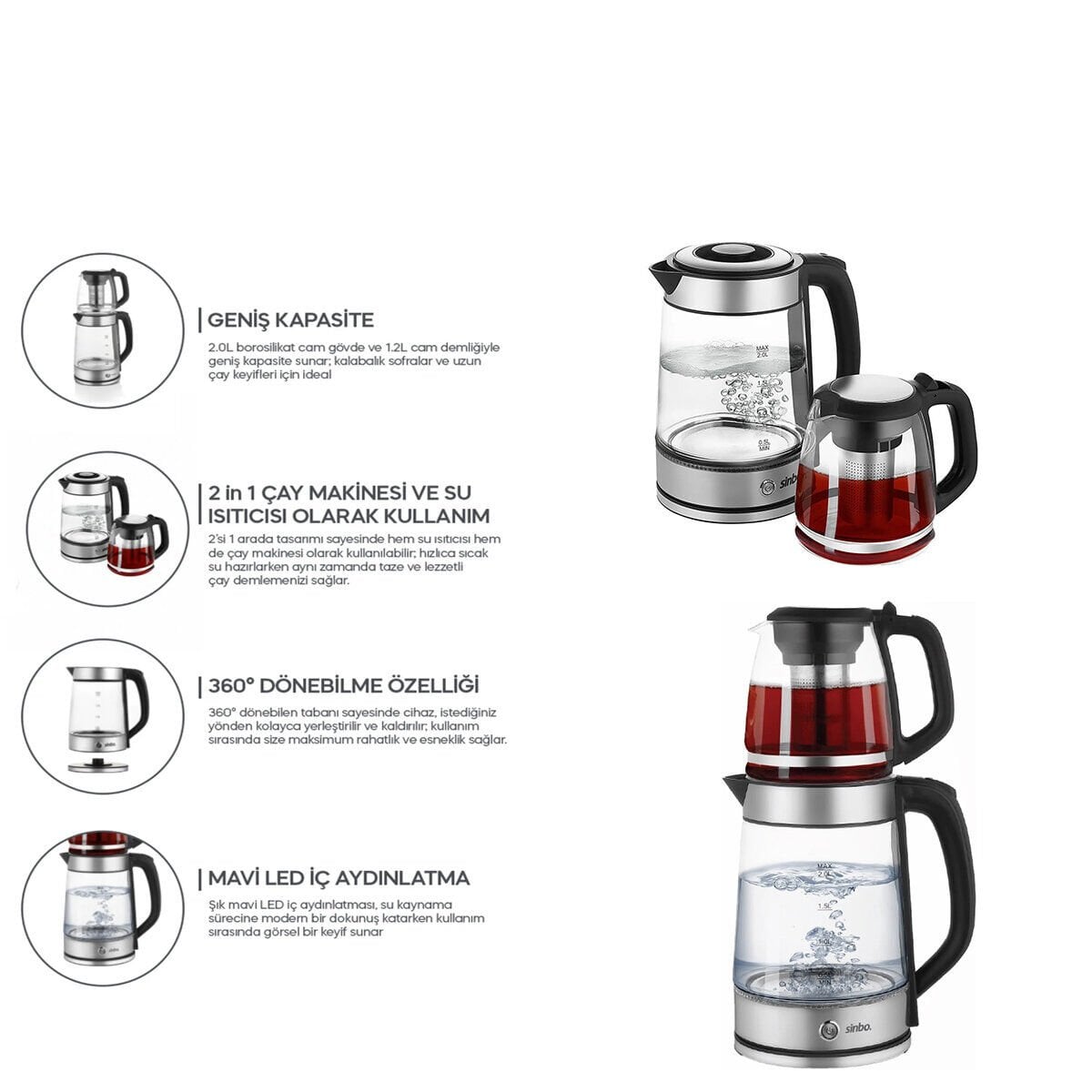 SİNBO STM-5990 ( 2İN1= ÇAYCI & KETTLE ) ( ÇELİK ) ELEKTRİKLİ ÇAY MAKİNESİ ( 2LT + 1,2LT ) ( ÇAY SÜZGEÇLİ ) ( 360° DÖNEBİLİR )*4