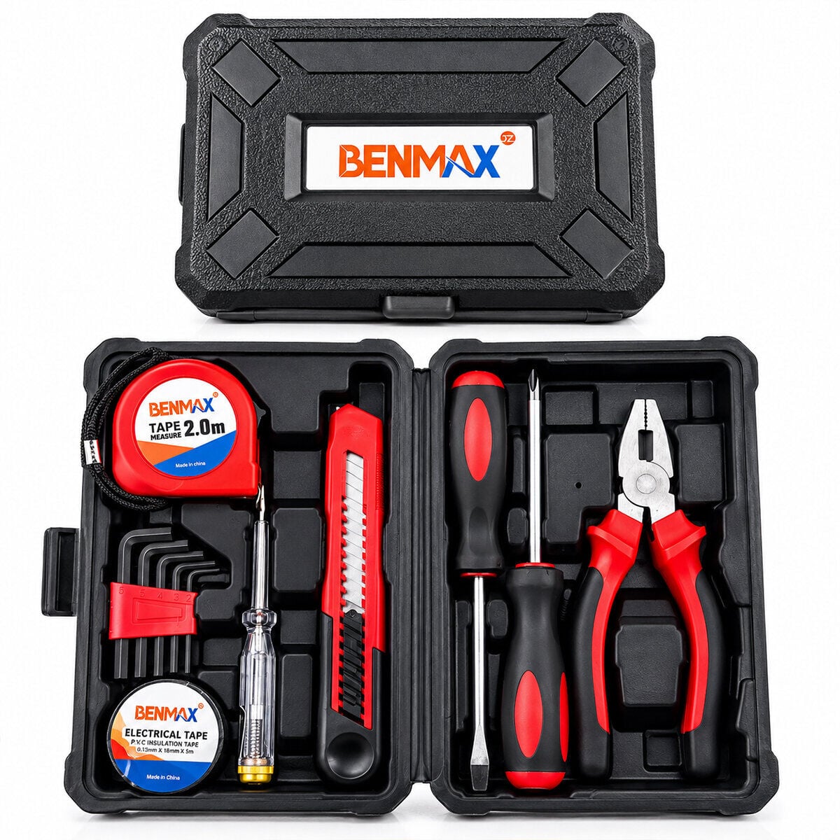BENMAX ( 12 PCS ) EL ALETİ TAKIM ÇANTASI HIRDAVAT SET ( ŞERİT METRE & MAKET BIÇAK & KONTROL KALEM & DÜZ-YILDIZ TORNAVİDA & PENSE & ALYAN ANAHTAR & ELEKTRİK BANT )*32