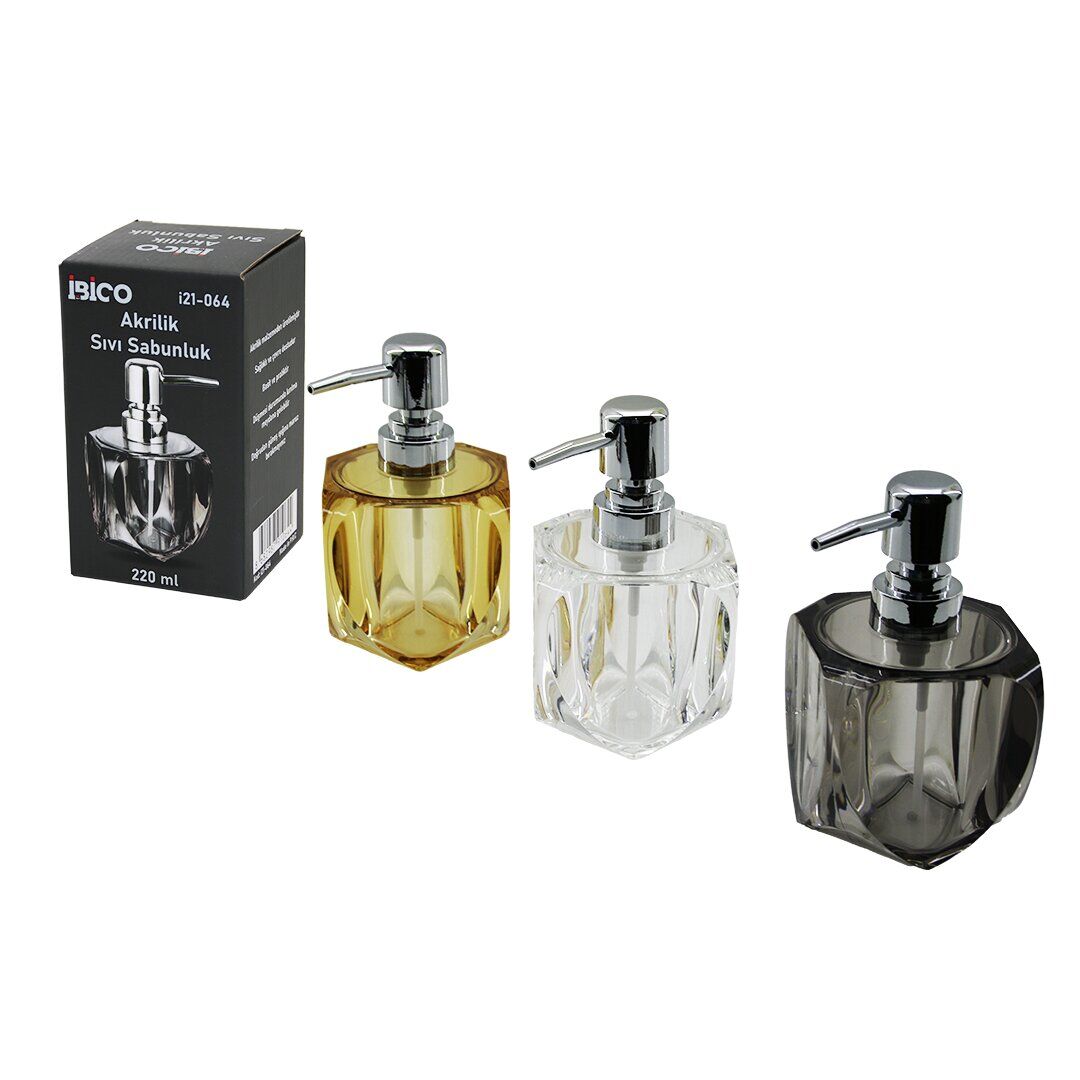 İBİCO İ21-064 ( TOMBUL ) ( KARE & 4-KALPLİ GÖVDE ) (ŞEFFAF & RENKLİ ) ( AKRİLİK & MİKA KRİSTAL ) SIVI SABUNLUK ( 220ML )*48