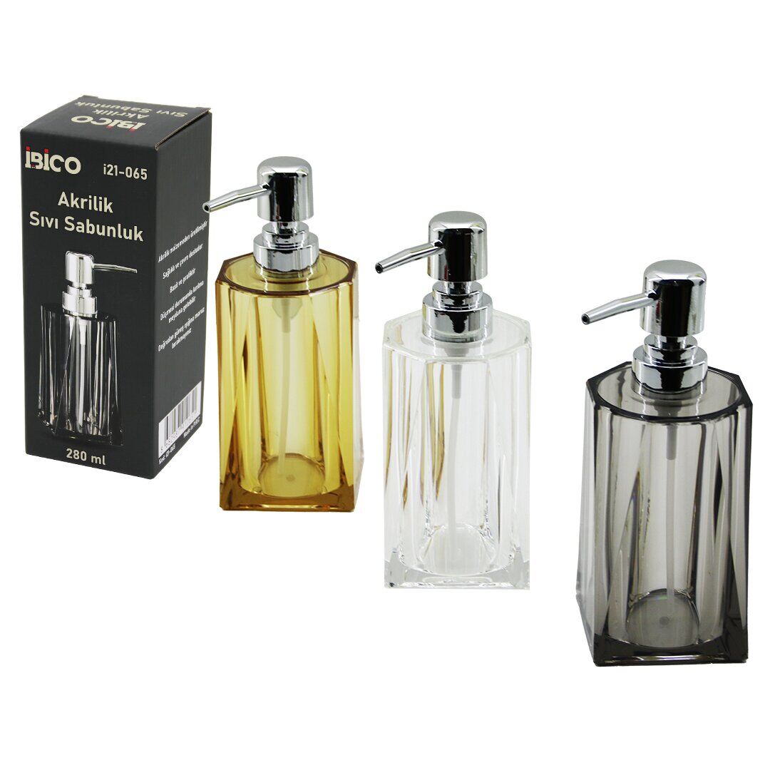 İBİCO İ21-065 (UZUN) (KARE TABAN & YVRLK AĞIZ & 4+4=8GEN GÖVDE) (ŞEFFAF & RENKLİ) (AKRİLİK & MİKA KRİSTAL) SIVI SABUNLUK (280ML)*48