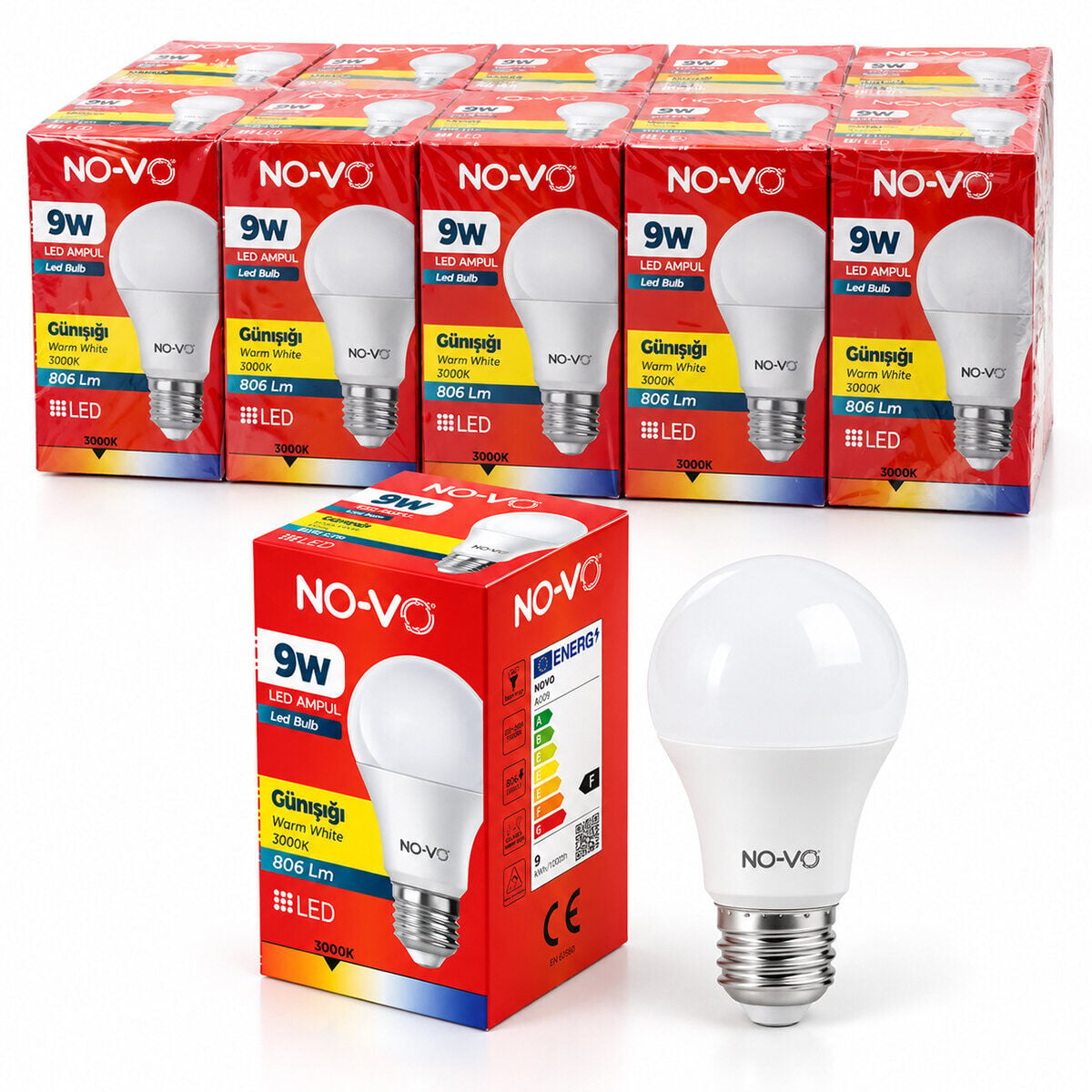 NO-VO ( 9W ) ( GÜNIŞIK ) LED AMPUL ( E27 ) ( 806LM ) ( 3000K ) (15.000 SAAT ÖMÜR)*10X20
