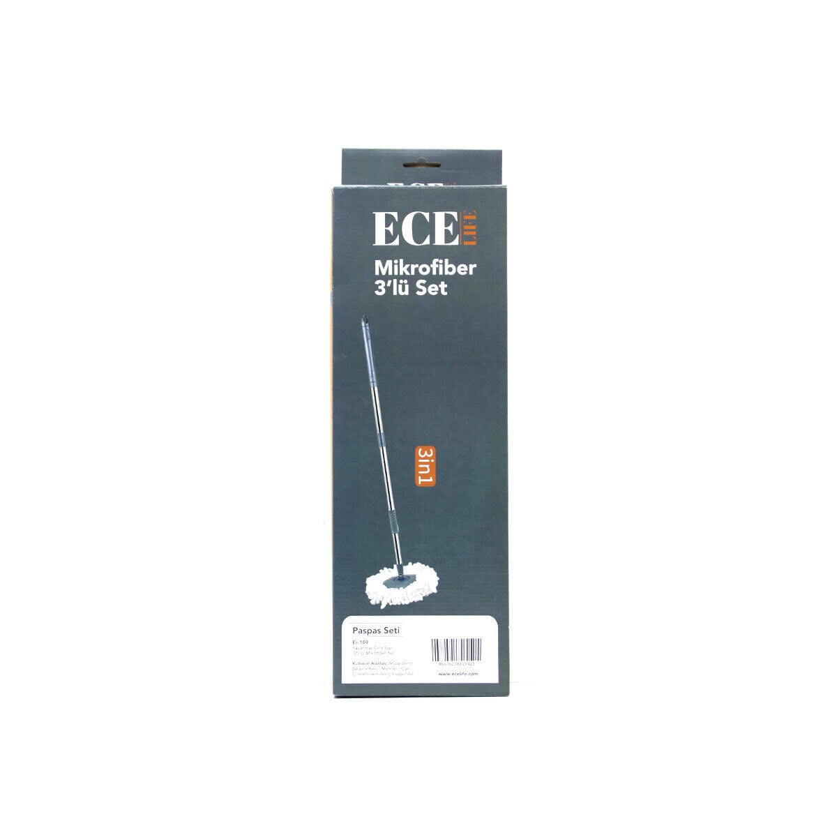 ECE LIFE EC-109 ( 3İN1 ) ( KUTULU ) MİKROFİBER ( OTOMATİK MOP ) YEDEK SETİ  ( 360° DÖNER METAL SAP=100CM + M.FİBER PAMUK MOP=125GR )*12=K