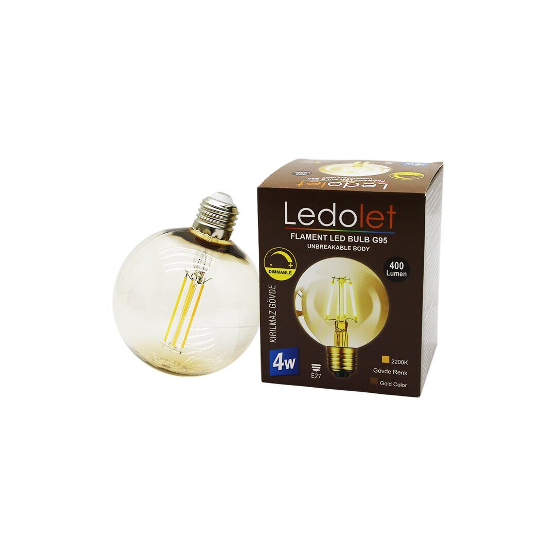 LEDOLET G-80 ( 4W & E27 ) ( GOLD COLOR ) FLAMENT LED RUSTİK AMPUL ( 400LUMEN & 2200K ) (KIRILMAZ GÖVDE)*80