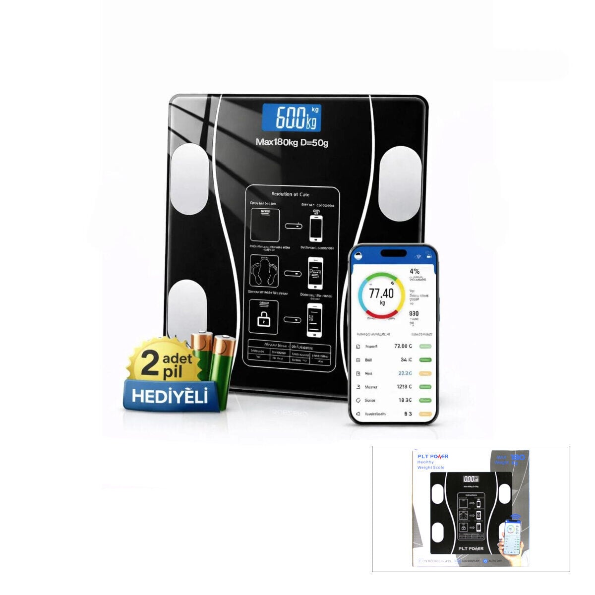 PLT POWER ( BLUETOOTH & VÜCUT ANALİZLİ ) DİJİTAL BASKÜL TERAZİ TARTI ( 180KG/50G ) ( YAĞ &SU &KAS ORAN &BMI )*20