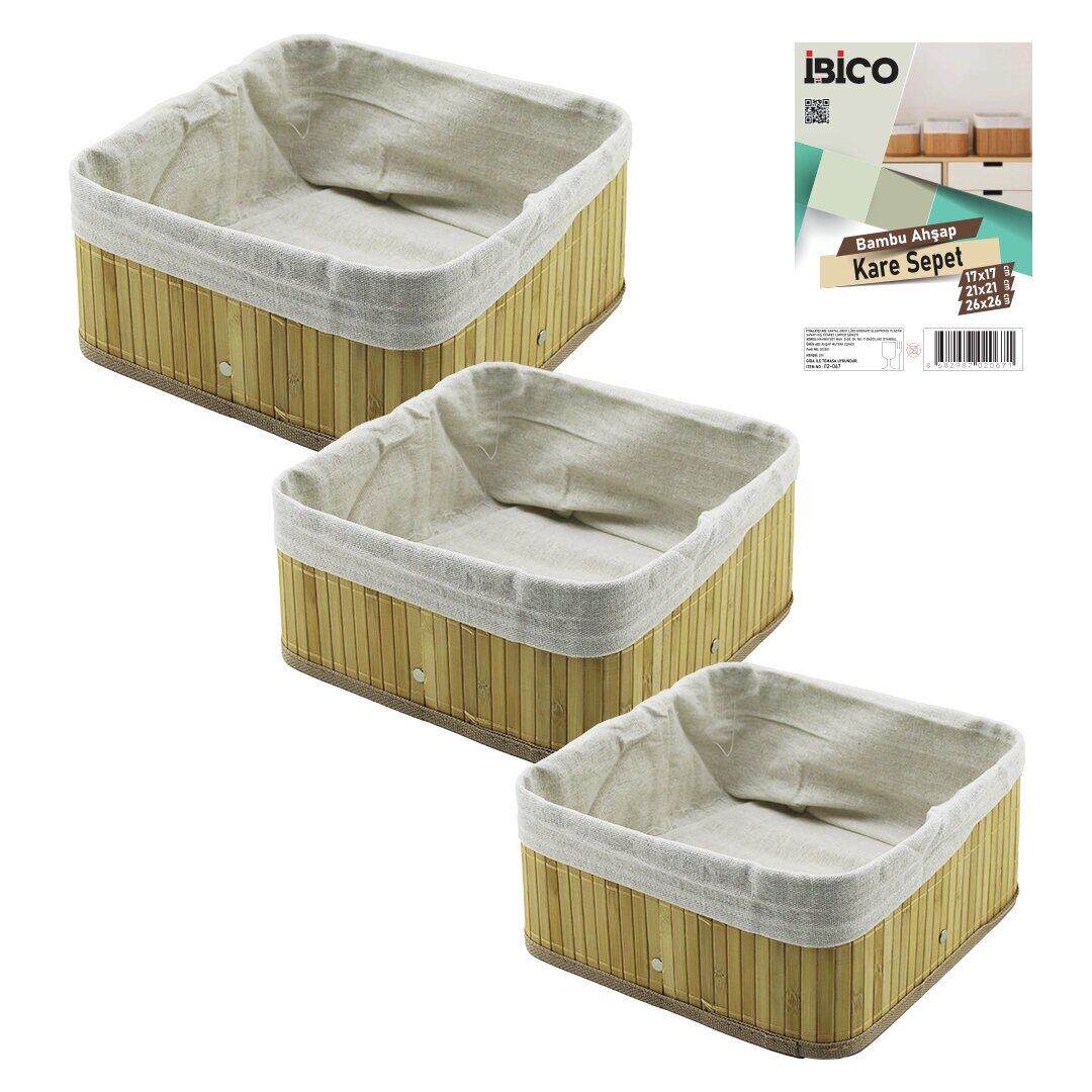 İBİCO İ12-067 ( 3 BOY ) ( KARE ) ( BAMBU KENAR ) ORGANİZER SEPET ( AHŞAP ALTLIK & BEZLİ ) ( 17X17 & 21X21 & 26X26CM )*24