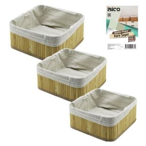 İBİCO İ12-067 ( 3 BOY ) ( KARE ) ( BAMBU KENAR ) ORGANİZER SEPET ( AHŞAP ALTLIK & BEZLİ ) ( 17X17 & 21X21 & 26X26CM )*24