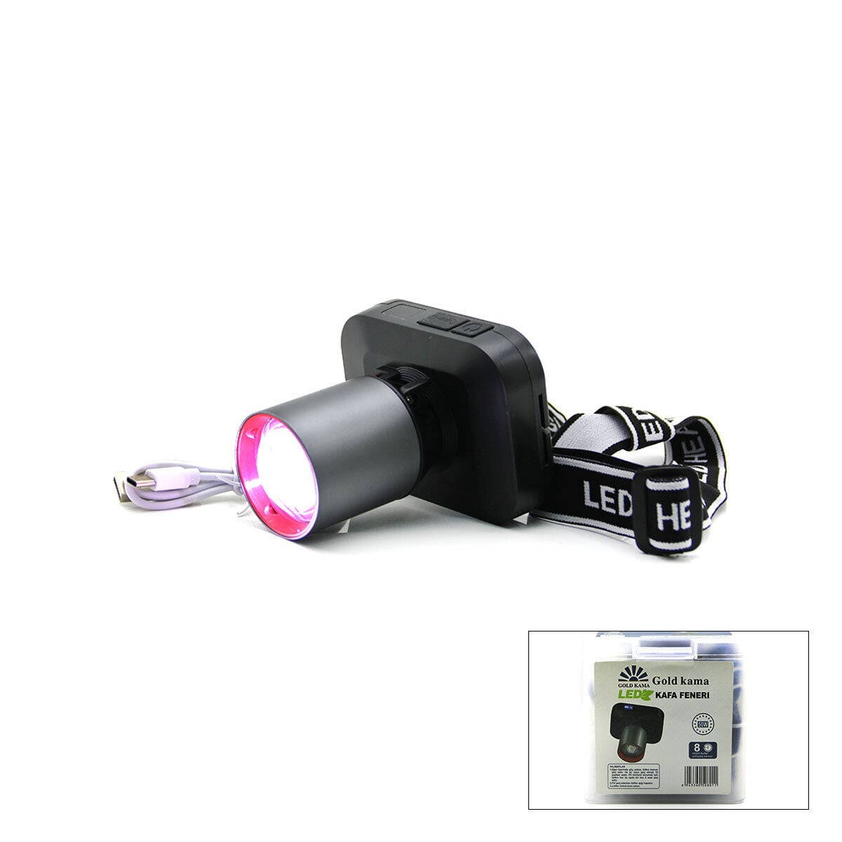 GOLD KAMA GK-801 LÜX ( ŞARJLI ) ( 50W ) KAFA LAMBASI FENER 1 LED ( USB & TYPE-C ) ( DİJİTAL ) (KADEME IŞIK AYARI & FLAŞÖR )*60