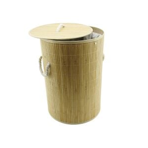 İBİCO İ21-075 ( YUVARLAK ) ( 35X60CM ) ( BAMBU AHŞAP ) KİRLİ ÇAMAŞIR SEPETİ ( SEYYAR KAPAKLI ) ( İÇİ BEZLİ ) ( İP KULPLU )*12