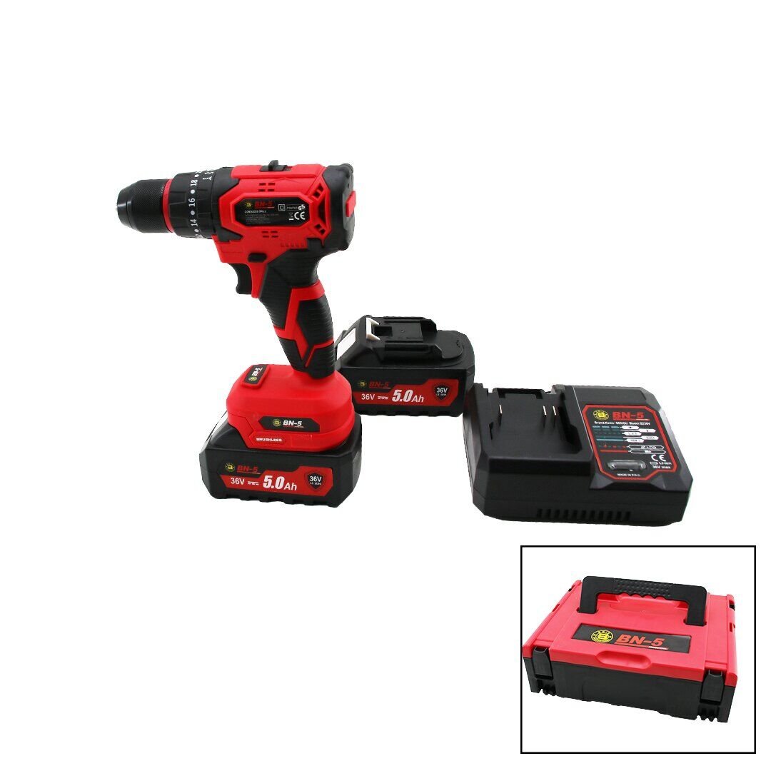 (BANCO-400) BN-5 F-136 (KÖMÜRSÜZ) (DARBELİ) (KIRMIZI& MAVİ& SARI) (ŞARJLI & YEDEK BATARYA &3 6V 5.0Ah) MATKAP SETİ ÇANTALI*5