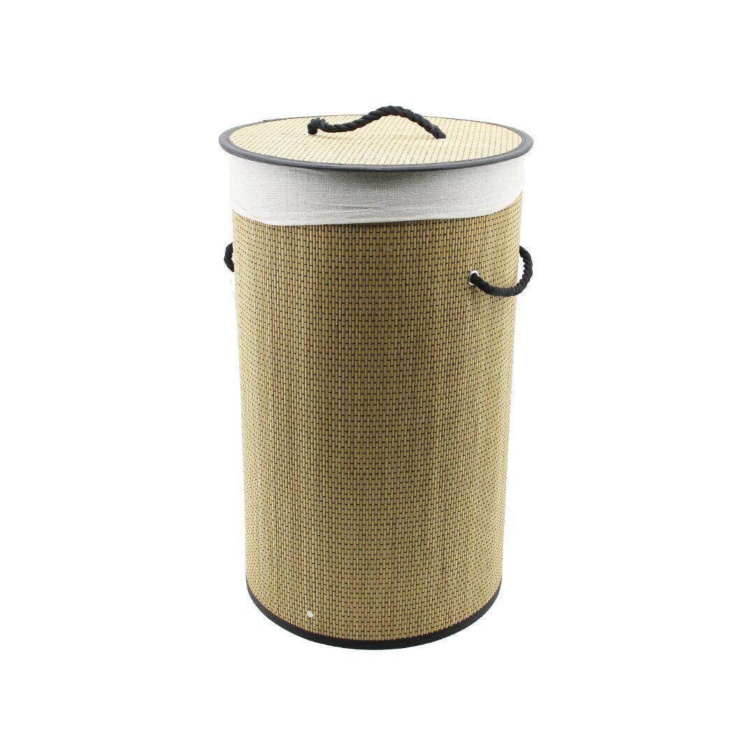 İBİCO İ21-078 (YUVARLAK) (SİYAH KENAR & DESEN) (37X60CM ) (HASIR & AHŞAP) KİRLİ ÇAMAŞIR SEPETİ (SEYYAR KAPAKLI) ( KUMAŞ ÇANTALI ) (İP KULPLU)*12