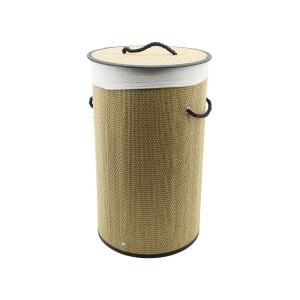 İBİCO İ21-078 (YUVARLAK) (SİYAH KENAR & DESEN) (37X60CM ) (HASIR & AHŞAP) KİRLİ ÇAMAŞIR SEPETİ (SEYYAR KAPAKLI) ( KUMAŞ ÇANTALI ) (İP KULPLU)*12