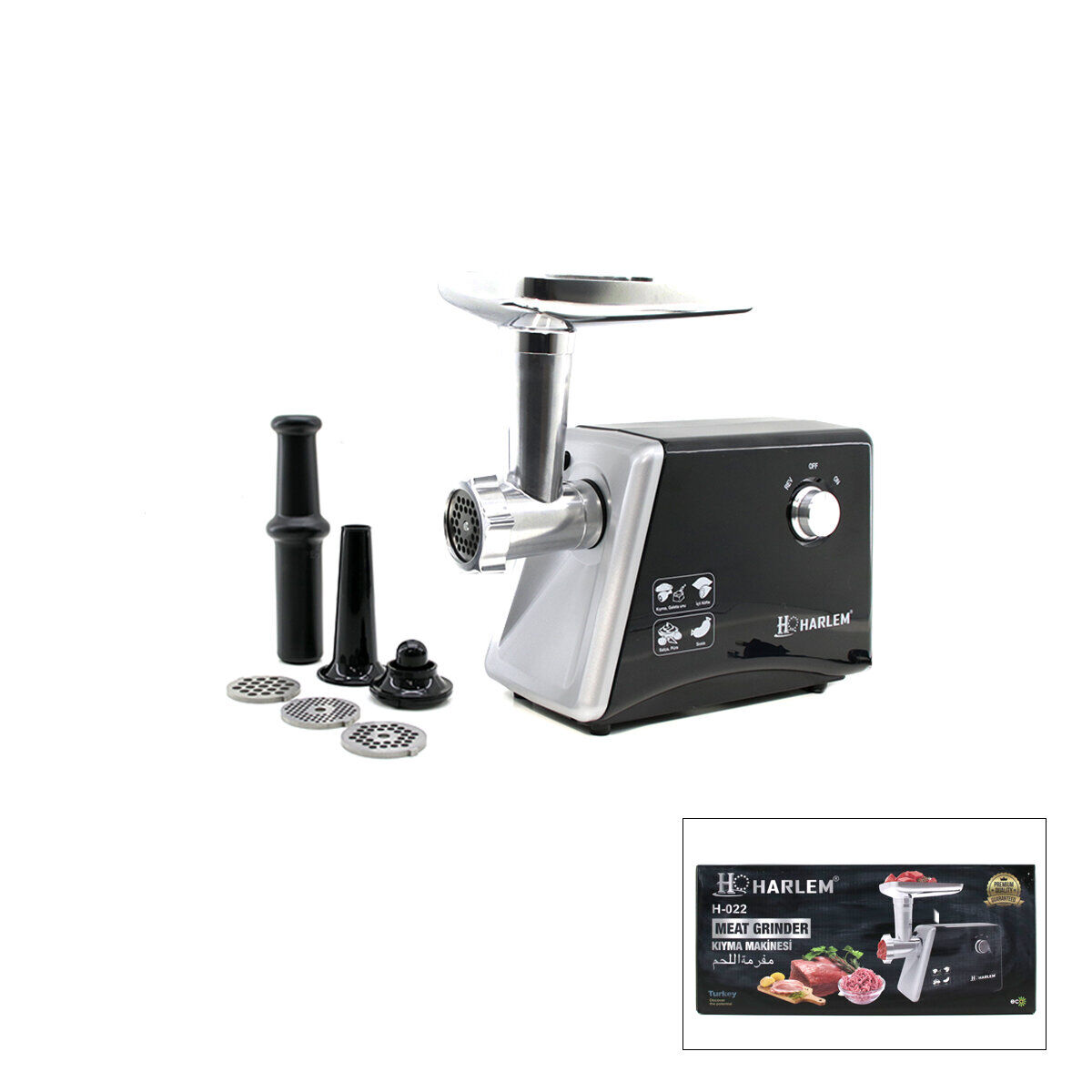 HARLEM GURME H-020-022 ( SİYAH ) ELEKTRİKLİ ET KIYMA MAKİNESİ (2200W) (SALÇA & PÜRE & SOSİS DOLDURMA & GALETE UNU & İÇLİ KÖFTE)*4