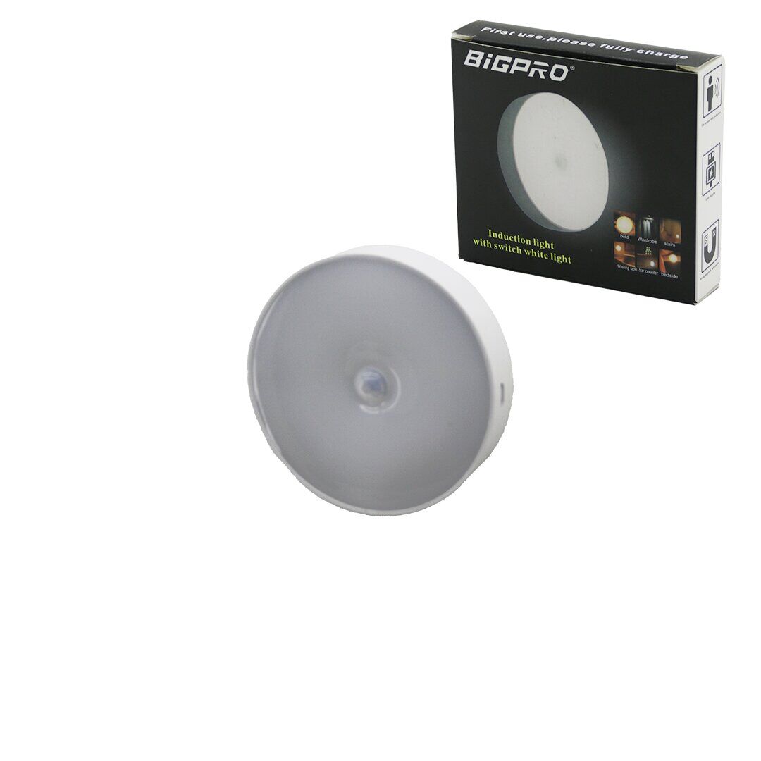 BİGPRO ( BEYAZ LED ) ( SENSÖRLÜ=0--3MT ) ( USB ŞARJLI ) YUVARLAK LAMBA ( ÇAP: 8.3CM & KALINLIK: 2CM )*200