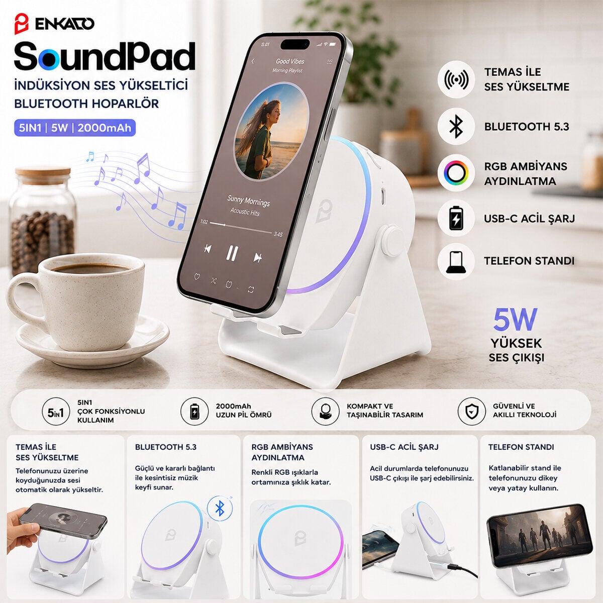 ENKADO EKD-S11 SOUNDPAD ( 5IN1 & 5W & 2000mAh) ( TEMAS İLE SES YÜKSELTME & TELEFON STAND & USB-C ŞARJ ) ( BEYAZ ) İNDİKSİYON SES YÜKSELTİCİ BLUETOOTH HOPARLÖR ( SPEAKER )*20