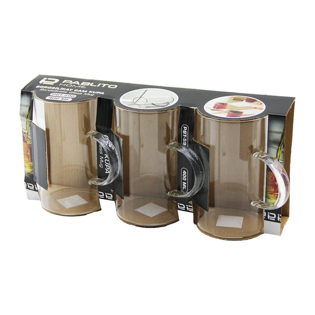 PABLITO HOME PBT-590 ( 3PCS ) ( 400ML ) ( KULPLU ) CAM KUPA BARDAK ( BROSİLİKAT ) (TERMİSİL & ISIYA DAYANIKLI)*16=K