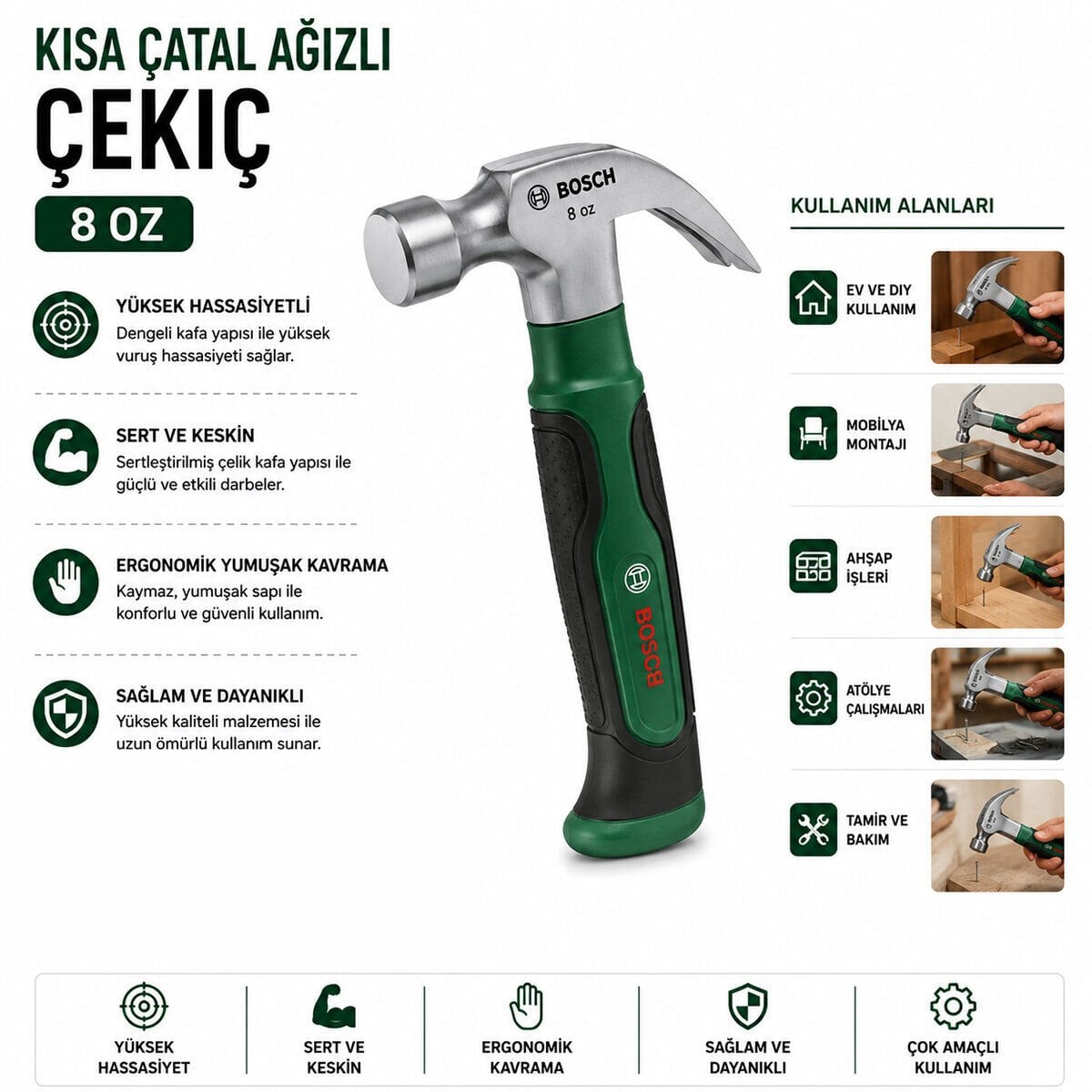BOSCH-1 600 A02 ZA3 ( 431 ) KISA ÇATAL ÇEKİÇ ( 8OZ ) 16CM ( ERGONAMİK YUMUŞAK SAP )*6X1