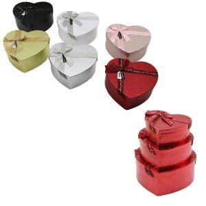İBİCO İ12-087 (3PCS) (KALP) (PARLAK MİX RENKLİ & KABARTMA DESEN) KARTON HEDİYE KUTUSU (KURDELALI) (22X20-19X17-16X14CM)*36