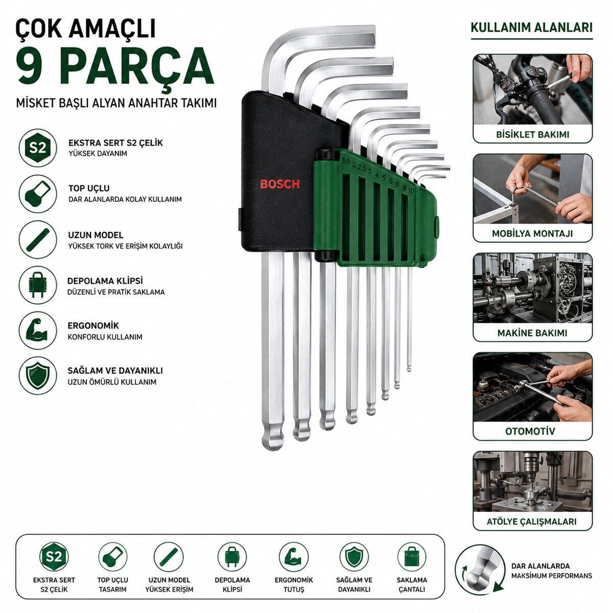 BOSCH-1 600 A03 2V1 ( 9PCS ) ( KROM ) ( UZUN & DÜZ ) ALYAN ( ALLEN ) ANAHTAR TAKIMI*1
