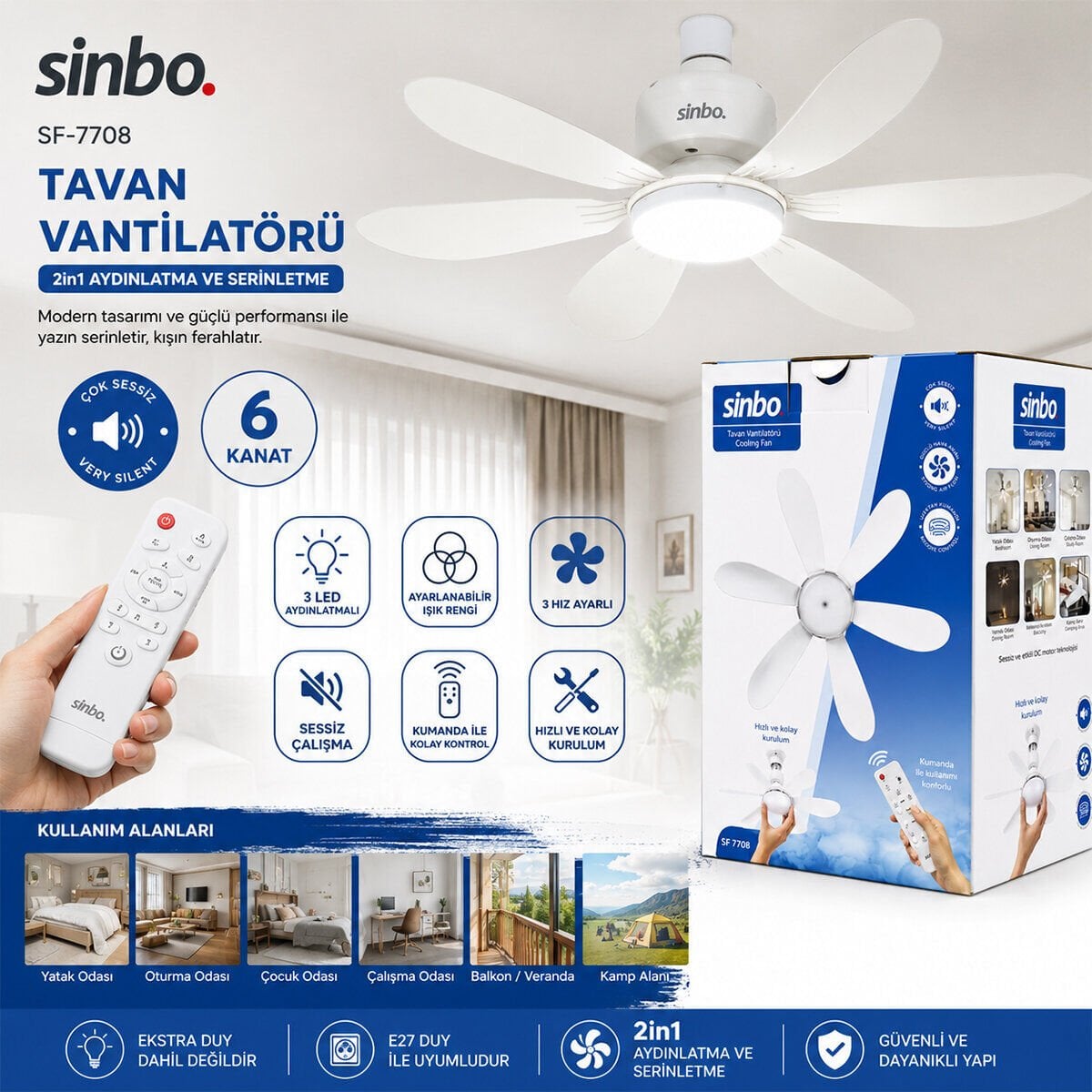 SİNBO SF-7708 (3 LED AYDINLATMALI & SESSİZ ÇALIŞMA) (6 KANAT & KUMANDA) TAVAN VANTİLATÖR*6
