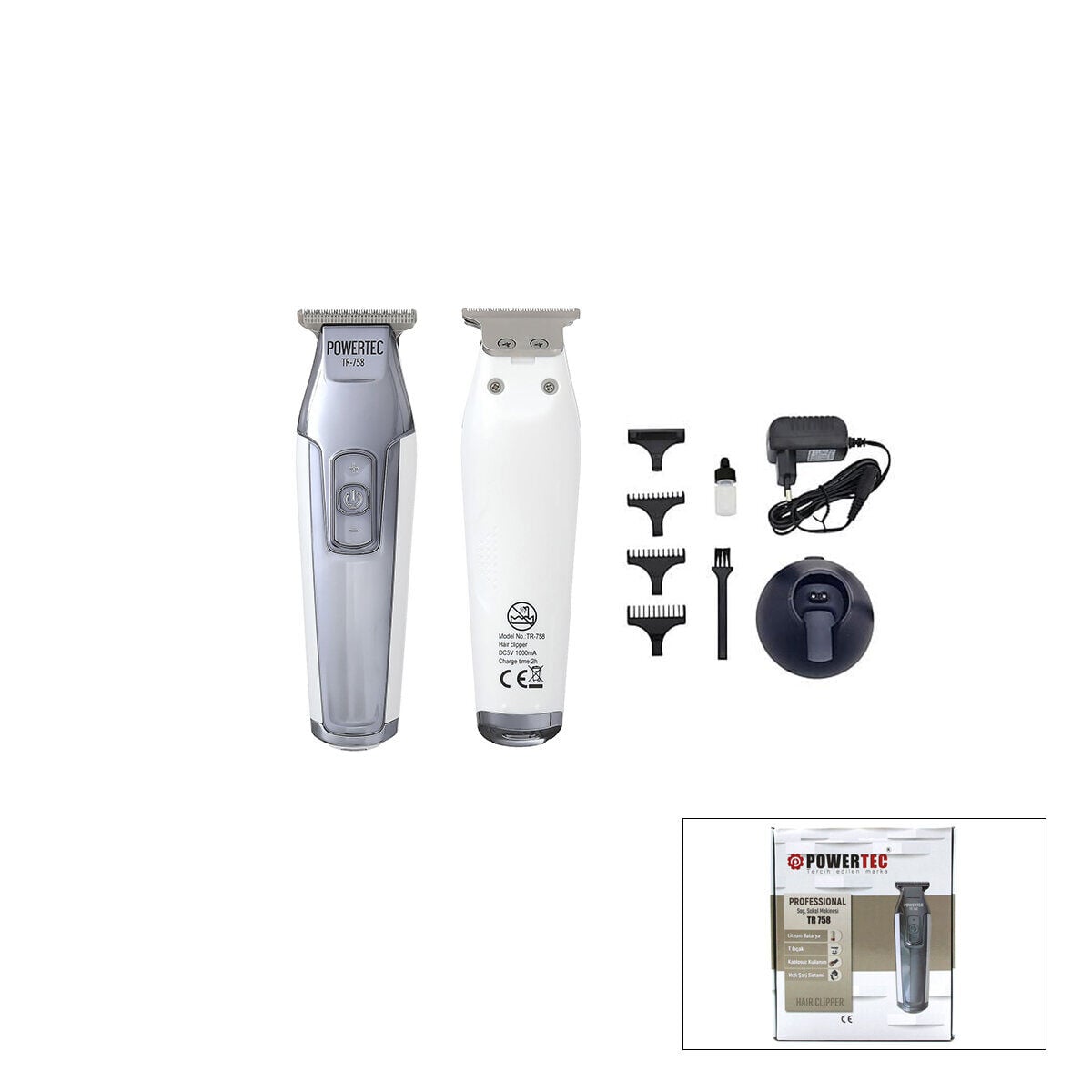 POWERTEC TR-758 SAÇ SAKAL ENSE ÇİZİM TRAŞ MAKİNE ( HIZ AYARI ) ( HIZLI FİŞ ŞARJ & ŞARJ GÖSTERGE & T BIÇAK & KROM KAPLI GÖVDE )*20