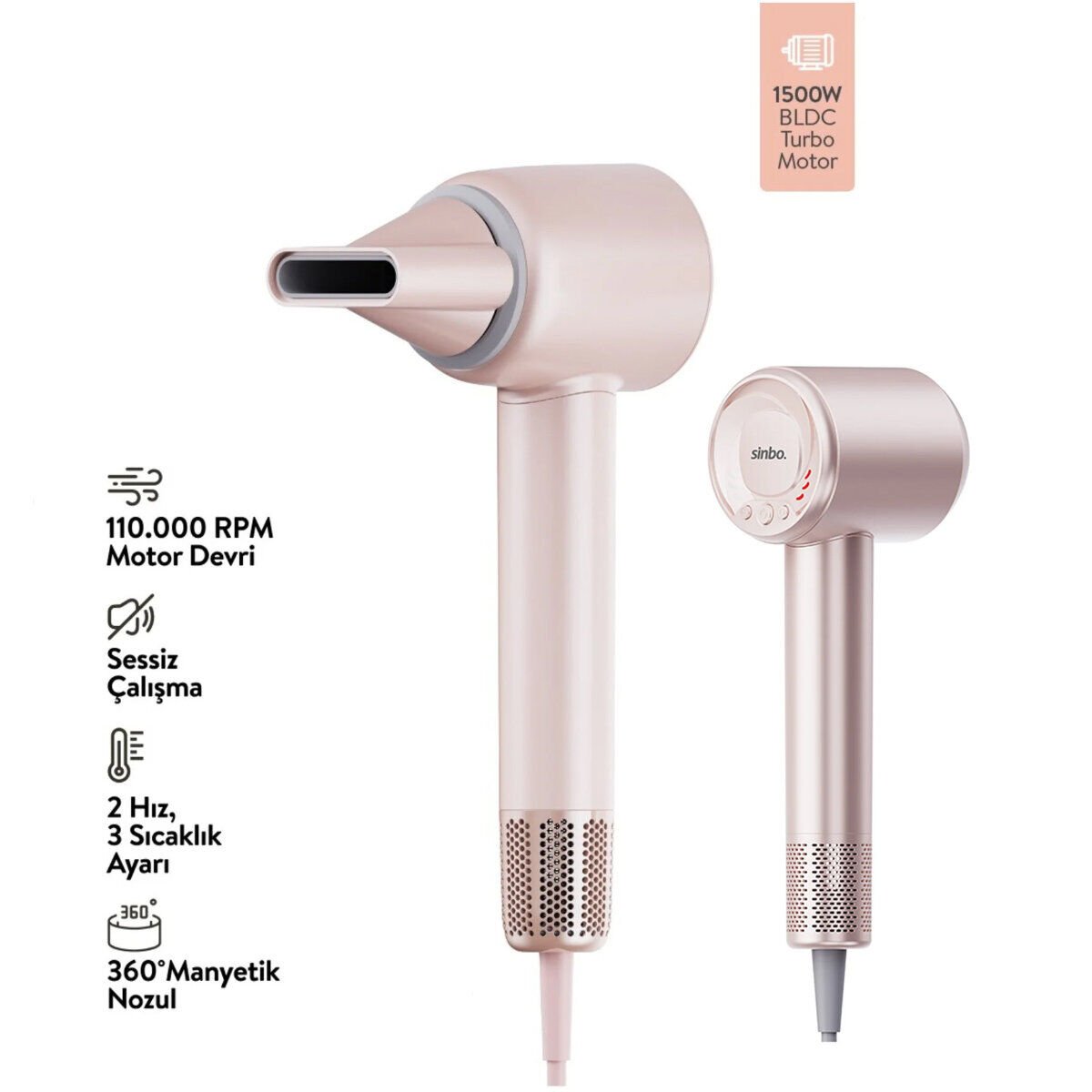 SİNBO SHD-1737 (PEMBE) (BLDC TURBO MOTOR) SAÇ KURUTMA & ŞEKİL MAKİNESİ (1500W)(2-KDM.HIZ)(3-KDM.ISIAYAR=SICAK-ILIK-SOĞUK)*8