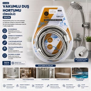 TUDOR TDR-213 ( KROM & ÖRGÜLÜ ) VAKUMLU DUŞ HORTUMU ( 150CM ) ( VAKUMLU AMBALAJ )*50