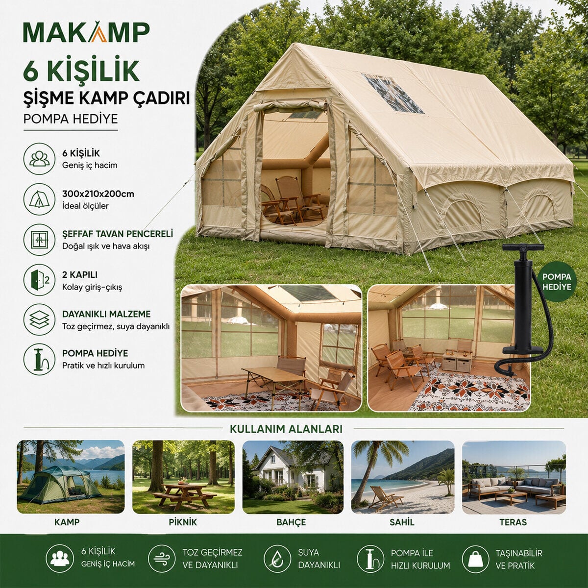 MAKAMP-077 (6 KİŞİLİK) (POMPA HEDİYE) (TOZ GEÇİRMEZ) (300CMX210CMX200CM) ŞİŞME ÇADIR*1
