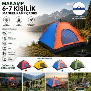 MAKAMP-083B (6-7 KİŞİLİK) (TOZ GEÇİRMEZ) (220CMX250CMX150CM) MANUEL KAMP ÇADIR*15