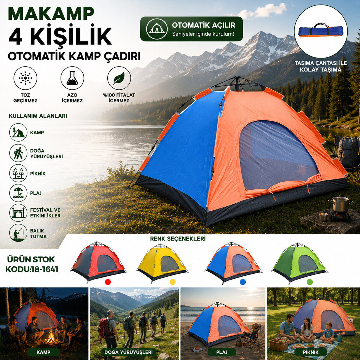 MAKAMP-084 (4KİŞİLİK) (TOZ GEÇİRMEZ) (200CMX200CMX135CM) OTOMATİK KAMP ÇADIR*10