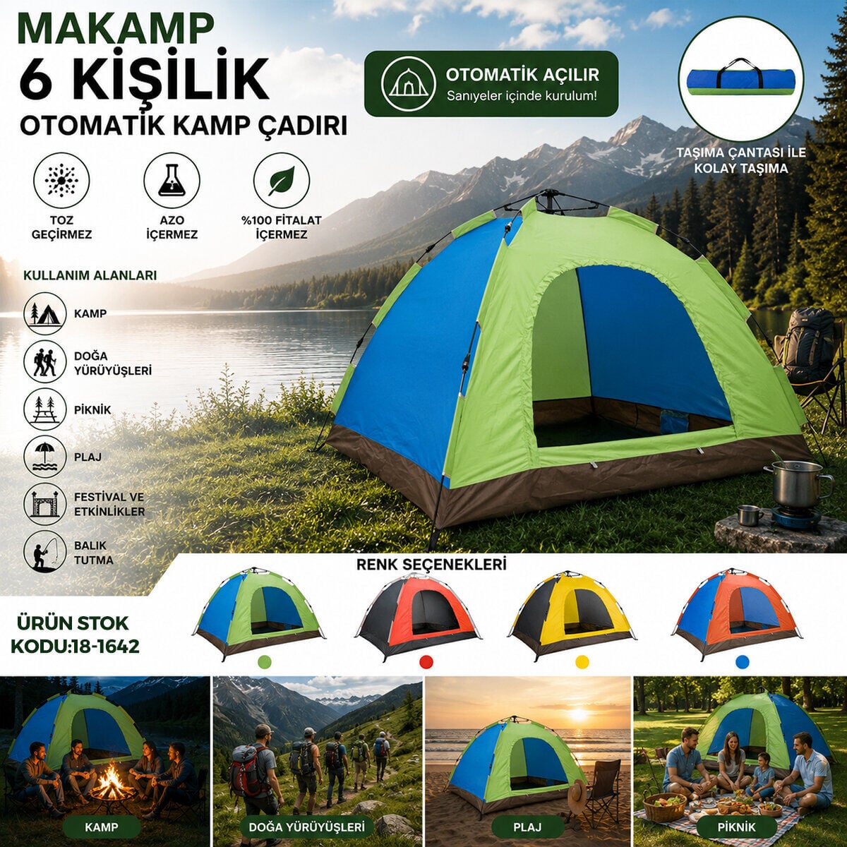 MAKAMP-084A (6 KİŞİLİK) (TOZ GEÇİRMEZ) (220CMX250CMX165CM) OTOMATİK KAMP ÇADIR*10