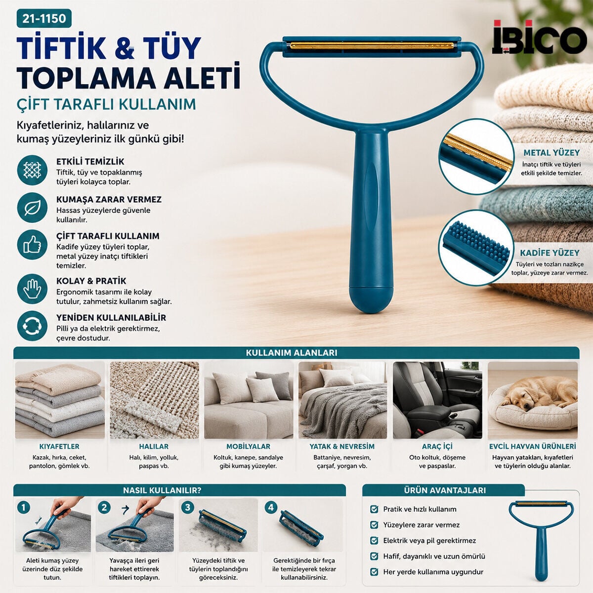 İBİCO İ21-136 ( 2İN1 BAŞLI ) ( PLASTİK SAPLI ) ( METAL TİFTİK TÜY TOPLAMA ) ( PLS.KAŞIYICI APARAT ) ( PET SHOP )*500
