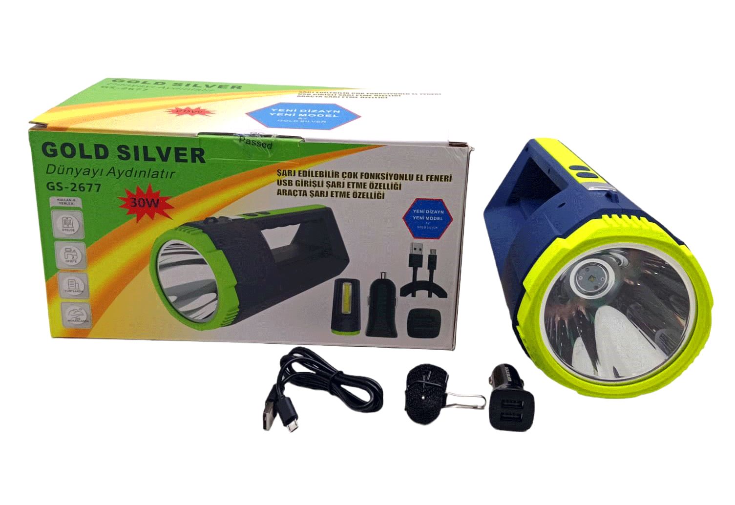 GOLD SİLVER GS-2677  2İN1 ( 30W & 10W COB LED ) USB & OTO ŞARJLI EL FENERİ PROJEKTÖR*16