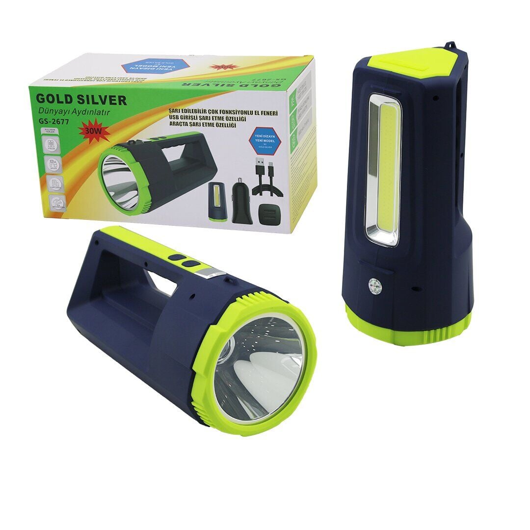 GOLD SİLVER GS-2677  2İN1 ( 30W & 10W COB LED ) USB & OTO ŞARJLI EL FENERİ PROJEKTÖR*16