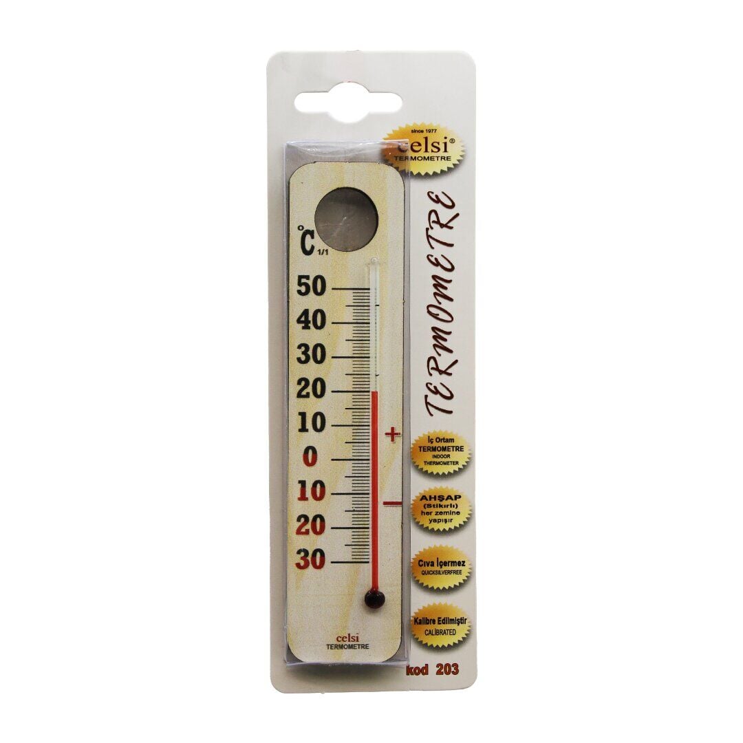 CELSİ-203 ( AHŞAP & KÜÇÜK= 3.5 X 15CM ) ( DERECE ) ( ODA TERMOMETRESİ ) ( İÇ / DIŞ )( KURŞUN VE CİVA İÇERMEZ )*250
