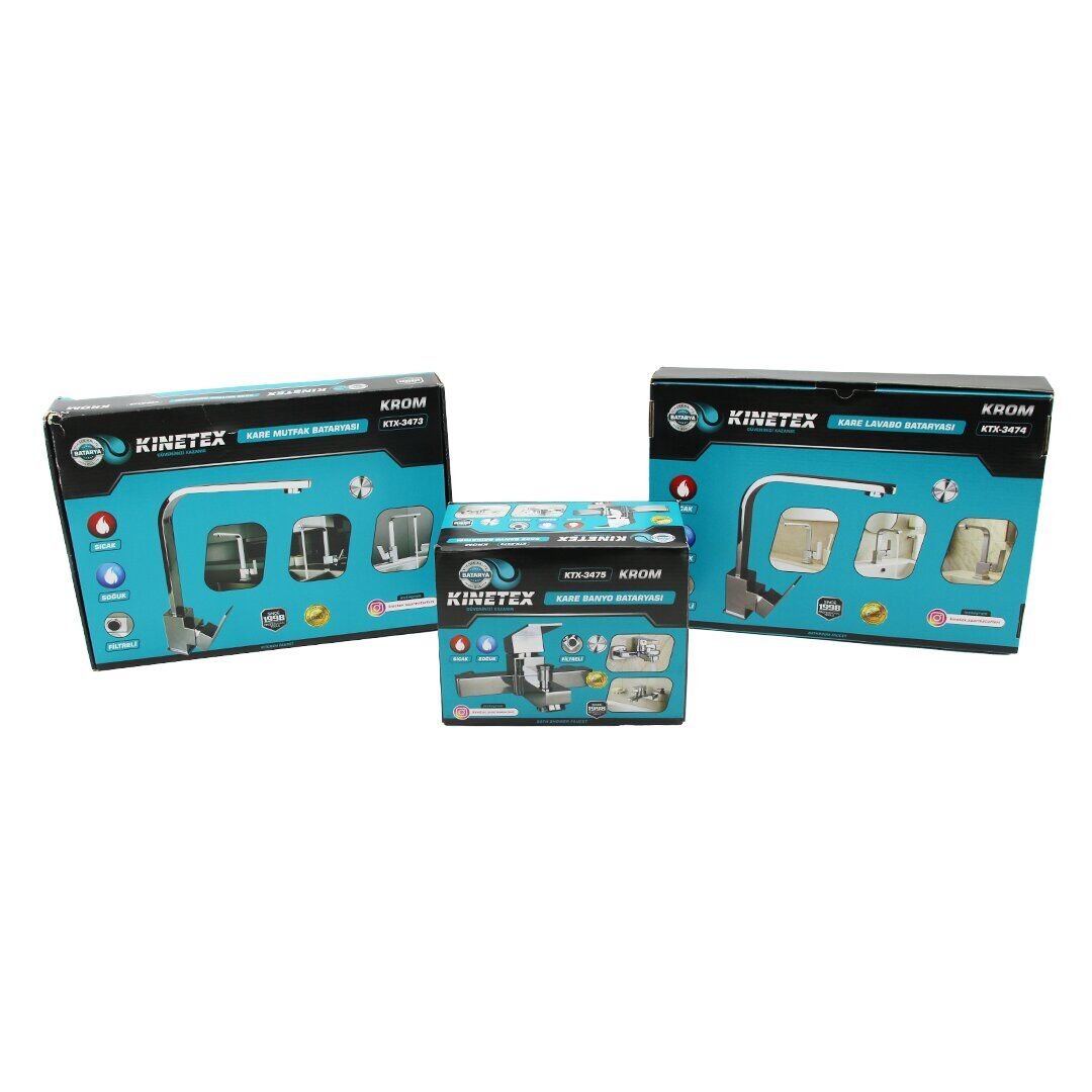 KINETEX KTX-3473 KTX-3474 KTX-3475 ( 3LÜ KARE SET) (AÇ KAPA) KROM BATARYA MUSLUK (FİLTRELİ) (KARE BANYO)+(KARE EVYE MUTFAK)+(KARE LAVABO)*12