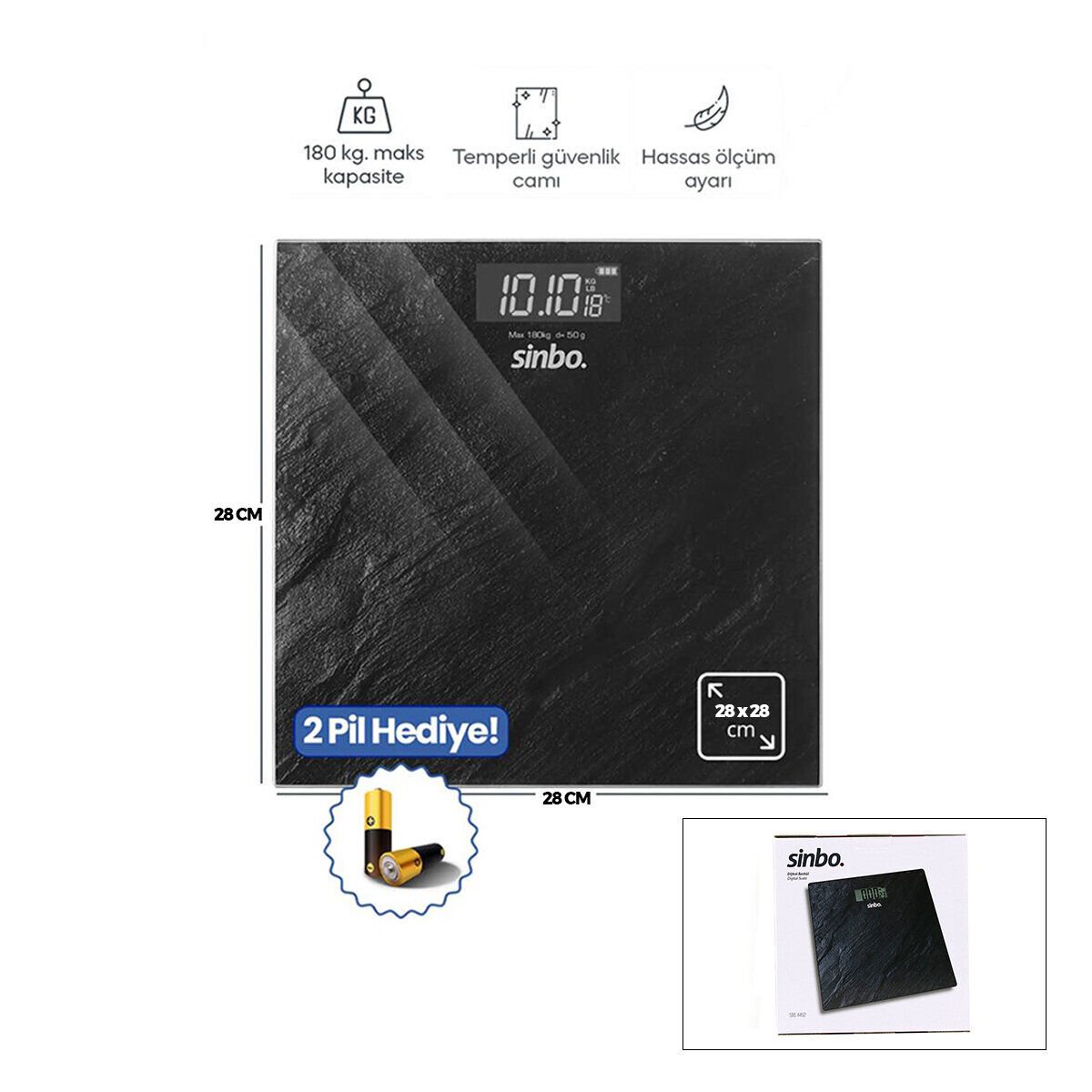 SİNBO SBS-4452 ( DİJİTAL & PİLLİ ) BANYO BASKÜL TERAZİ TARTI ( LCD EKRAN & SICAKLIK GÖSTERGE )( 180KG/50GR )( 28X28CM )*10