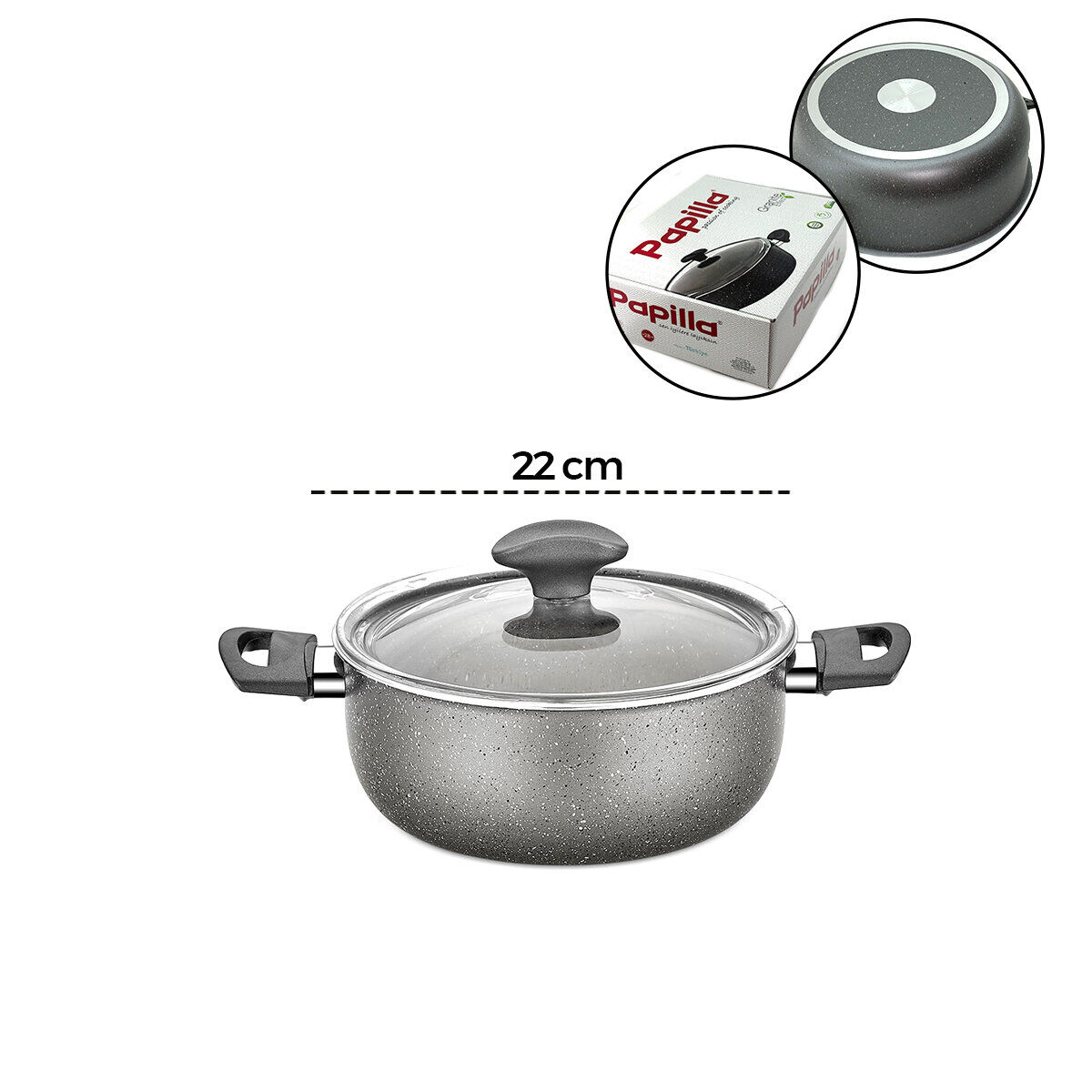 PAPİLLA FRED ( CASSEROLE ) ( 22 CM ) ( DERİN ) ( GRANİT TENCERE ) ( CAM KAPAK ) ( GRİ KIRÇILLI ) ( BRKT-712241 )*6=K
