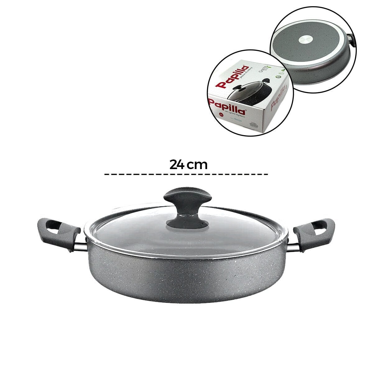PAPİLLA FRED ( FLAT CASSEROLE ) ( 24 CM ) ( BASIK & KARNIYARIK & KISA ) ( GRANİT TENCERE ) ( CAM KAPAK ) ( GRİ KIRÇILLI ) ( BRKT-712265 )*6=K